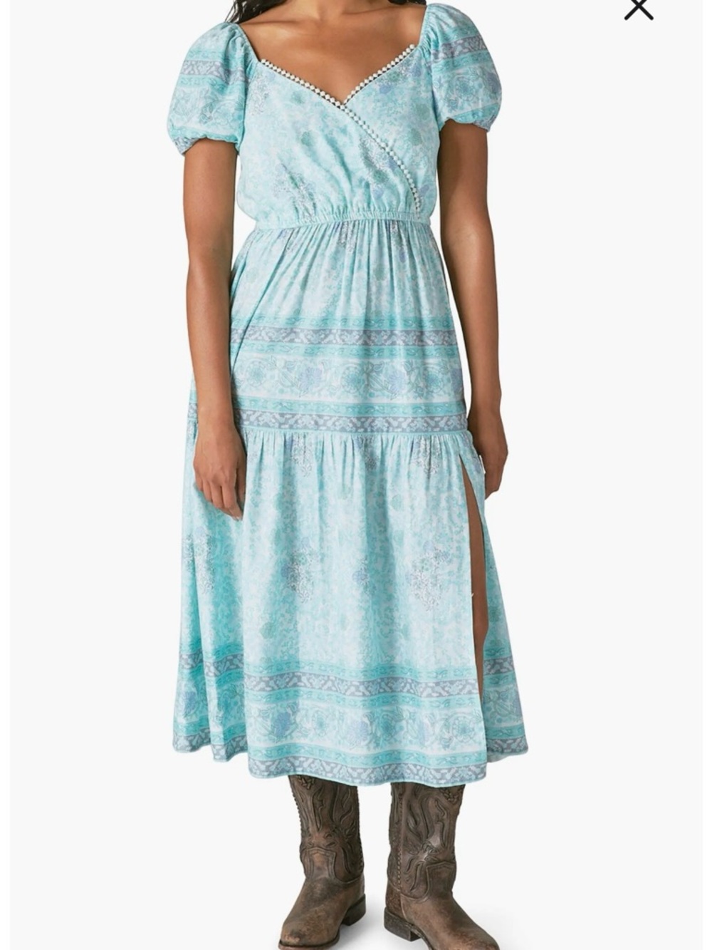 Lucky Brand XL Patchwork Floral Midi Peasant Style Dress with Puff Sleeves